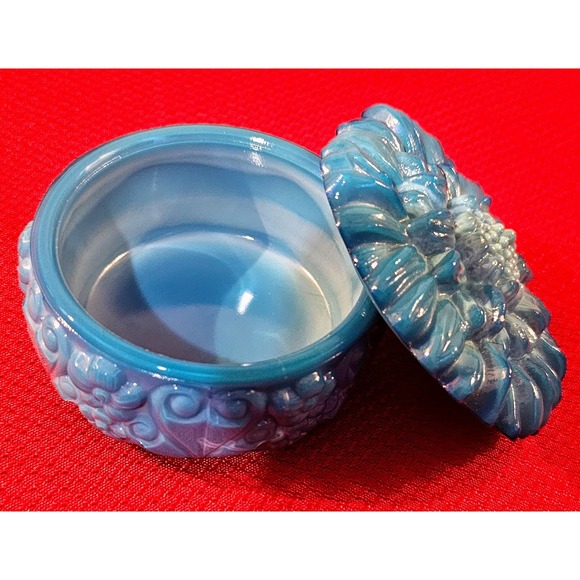 Reidel Bohemian Czech Blue Malachite Glass Powder Box SunFlower Design - Picture 5 of 8